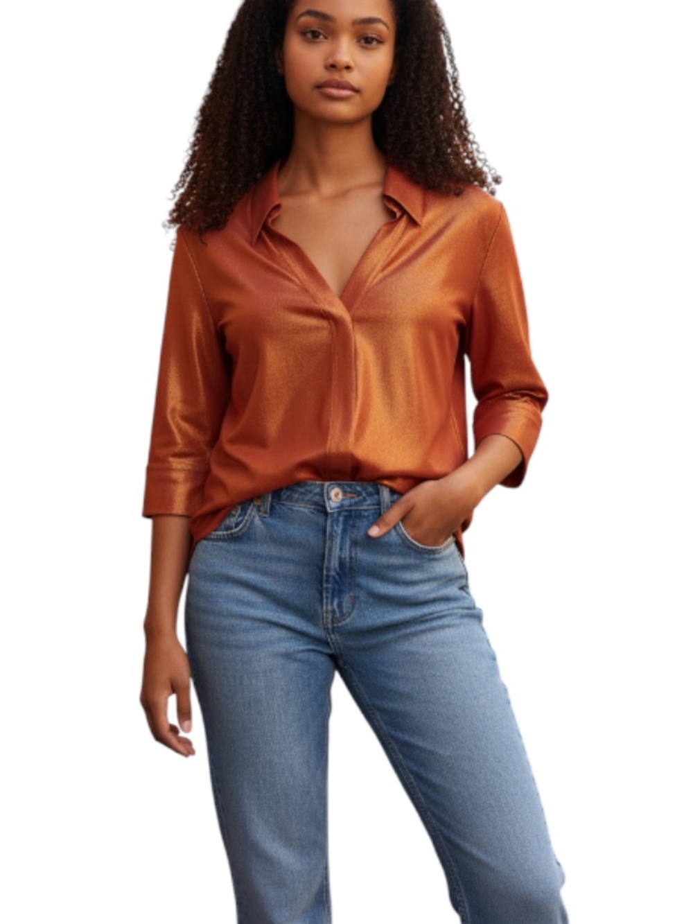 Chiara Boni La Petite Robe Womens Copper Metallic Stretch Collared Tunic Blouse